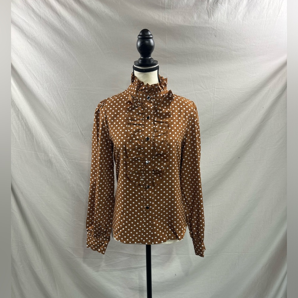 Polka Dot Ruffle Trim Blouse Brown - Picture 6 of 9